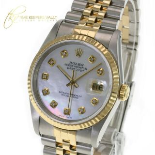Rolex Mens Datejust 16233 36mm White Mop Diamond Dial 18k Gold Bezel Watch