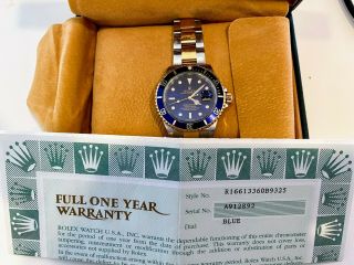 Mens Rolex Submariner Date 18k Yellow Gold & Steel Watch Blue Dial Bezel 16613