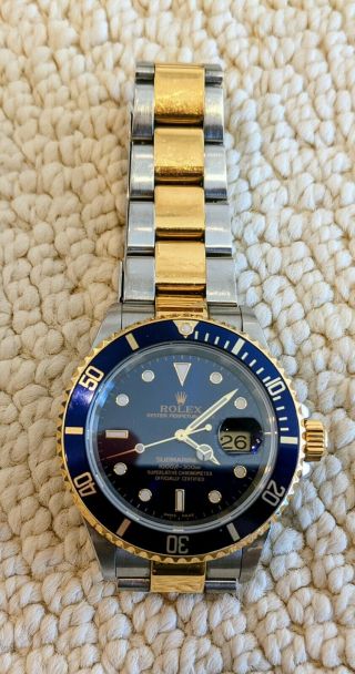 Mens Rolex Submariner Date 18k Yellow Gold & Steel Watch Blue Dial Bezel 16613 3