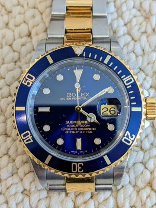 Mens Rolex Submariner Date 18k Yellow Gold & Steel Watch Blue Dial Bezel 16613 6