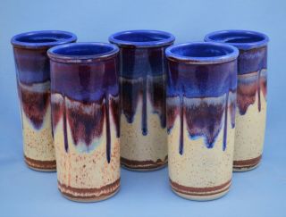 Vintage Set Of 5 Ceramic / Pottery Tumblers / Vases Drip Glaze Blue Brown