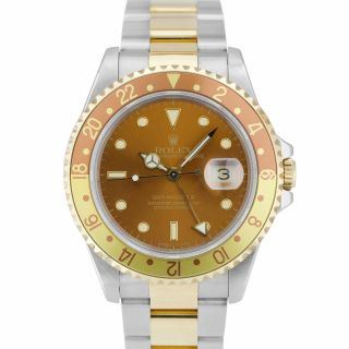 1991 Rolex Gmt - Master Ii Brown Root Beer Green Sticker Two - Tone Gold 16713 Watch