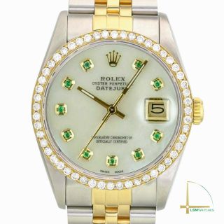 Rolex Datejust Mens 36mm Twotone White Mop Diamond Emerald Dial And Bezel Watch