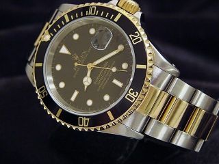 Mens Rolex Submariner 18k Yellow Gold Stainless Steel Watch Black Date Sub 16613 2