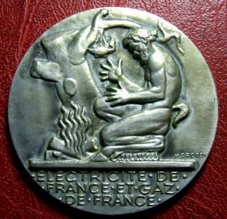 Art Deco Men From Fire Quest To Electricity Silver Plated Medal By Henri Dropsy