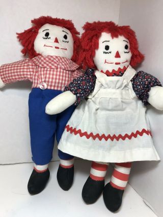 Raggedy Ann & Andy Cloth Handmade Dolls 14” Tall All Cloth Yarn