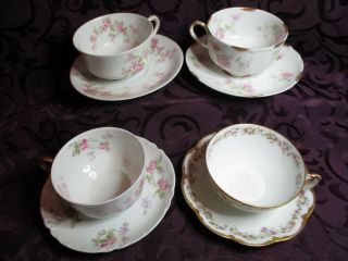 4 Antique Haviland & Co Limoges France Rose & Floral Gilded Tea Cup & Saucers