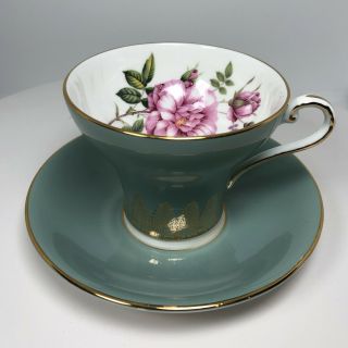 Vintage Aynsley Bone China Soft Green & Gold Flower Corset Tea Cup & Saucer