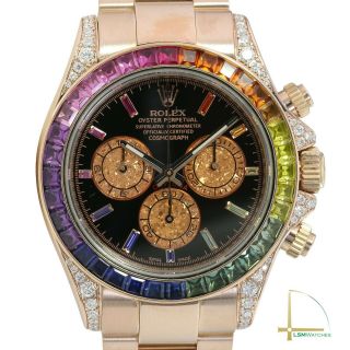 Rolex Daytona 18k Rose Gold Watch Black Face Rainbow Marker & Bezel 40mm 116505