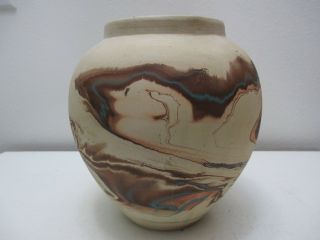 Vintage Nemadji Pottery Vase With Blue And Brown Paint Swirls 7 3/4 " Tall