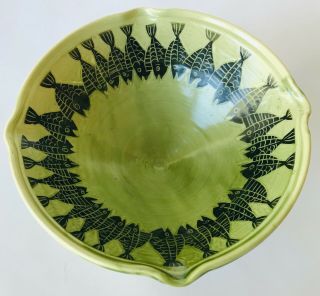 Studio Pottery Signed Green Bowl With Fish Design Hand Crafted 10.  25 X 4 Inches