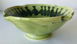 Studio Pottery Signed Green Bowl with Fish Design Hand Crafted 10.  25 x 4 inches 2