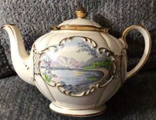Sadler England Teapot Oriental Landscape Gold Trim