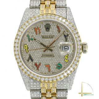 Rolex Datejust Mens Two - Tone 36mm Arabic Rainbow Pave Full Diamond Watch