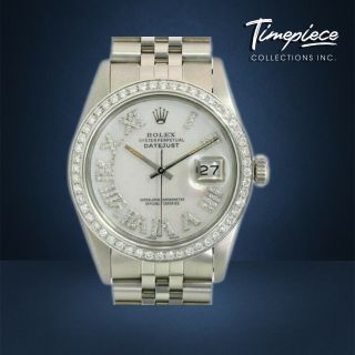 Rolex Watch Mens Steel Datejust 36mm 16014 White Mop Roman Diamond Dial Bezel