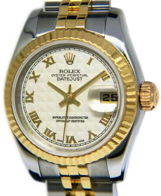 Rolex Datejust 18k Yellow Gold & Steel Silver Pyramid Dial Ladies Watch 179173