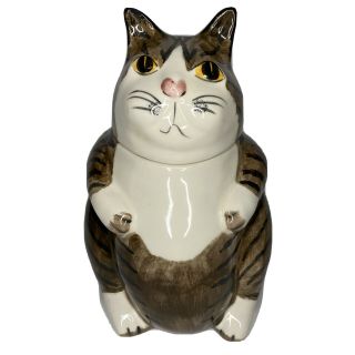 Vtg N.  S Gustin Co.  Ceramic Brown W/ Black Stripes Cat Cookie Jar Handmade In Usa