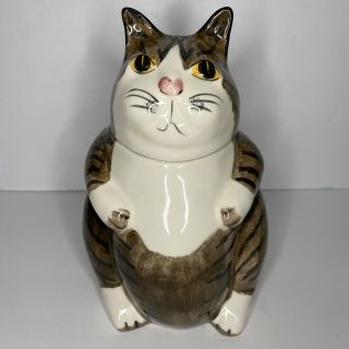Vtg N.  S GUSTIN Co.  Ceramic Brown w/ Black Stripes Cat Cookie Jar Handmade in USA 2