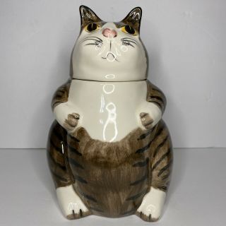 Vtg N.  S GUSTIN Co.  Ceramic Brown w/ Black Stripes Cat Cookie Jar Handmade in USA 3