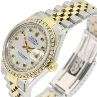 Rolex Mens Datejust 16233 White Mop Diamond/emerald Dial Diamond Bezel 36mm