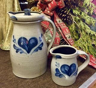 Rowe Pottery 1995 Hand Made Salt Glaze Coffe Pitcher W/ Cobalt Blue Heart Design