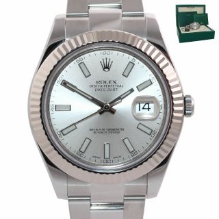 2017 Rolex Datejust Ii Silver Stick 41mm 18k White Gold Fluted 116334 Watch