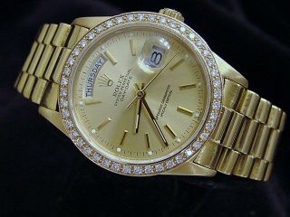Mens Rolex Day - Date President 18k Gold Watch Champagne 1ct Diamond Bezel 18038