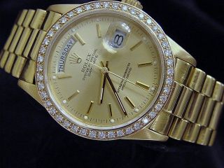 Mens Rolex Day - Date President 18k Gold Watch Champagne 1ct Diamond Bezel 18038 2