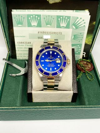 Rolex Submariner 16803 Blue Dial 18k Yellow Gold Stainless Steel Box Papers