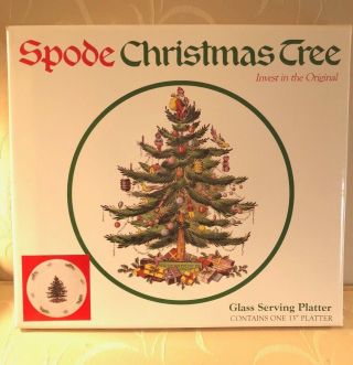 Spode England Christmas Tree Glass Serving Platter With Gold Rim 13 In Orig Box