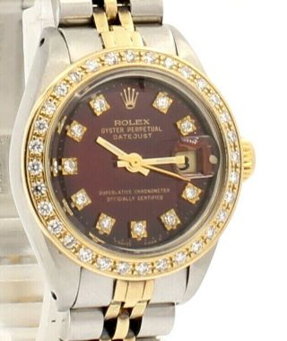 Rolex Oyster Perpetual Datejust 26mm Steel & Gold Burgundy Diamond Ladies Watch