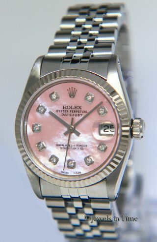 Rolex Datejust Steel 18k White Gold Bezel Pink Mop Diamond Dial 31mm Watch 68274