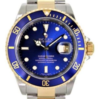 Rolex Submariner 16613 Two Tone 18k & Stainless Steel Blue Watch With Papers