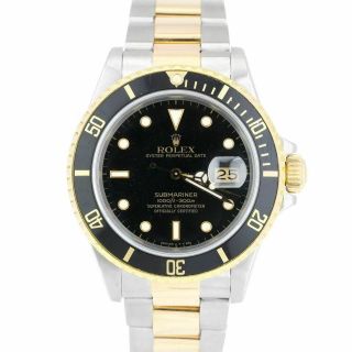 Rolex Submariner Date 16803 Two - Tone Gold Stainless Black 40mm Dive Watch 16613
