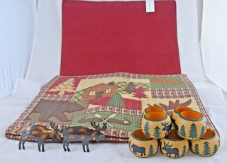 (4) Home Studio Woodland Placemats And (9) Napkin Rings Rare