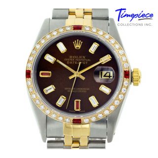 Pre - Owned Rolex Watch Mens 36mm 18k Gold & Steel Datejust Brown Diamond Dial 2