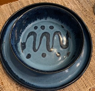 Joan Mallick Block Island Blue Studio Pottery Bowl & Plate Handcrafted Signed
