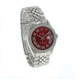 Rolex Men ' s Watch 36mm Datejust Stainless Steel Red Roman Diamond Diamond Bezel 4
