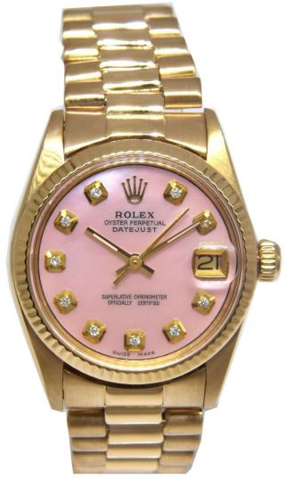 Rolex Datejust 18k Yellow Gold Pink Diamond Dial 31mm Watch 6827
