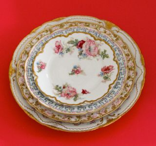 Antique Haviland Limoges Plates Pink Roses Blue Flowers Gold/minor Imperfections