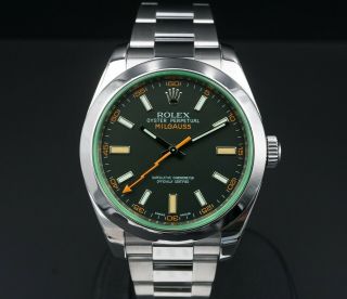 116400v Rolex Milgauss Black Dial Green Crystal Orange Hand 40mm Watch 2010 W498