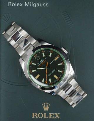 116400V Rolex Milgauss Black Dial Green Crystal Orange Hand 40mm Watch 2010 W498 6