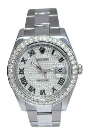 Rolex Datejust Ii Steel Pave Diamond Roman Dial & Bezel 41mm Watch Box 116334