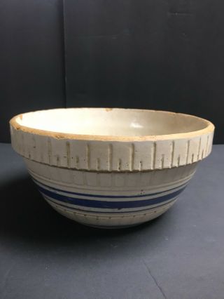 Unmarked Vintage 10 Glazed Stoneware Crock Mixing Bowl Beige Blue Stripes