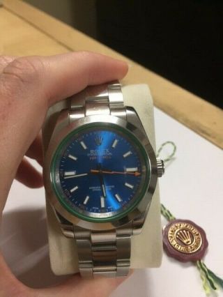 Men ' s Rolex Milgauss 116400GV Oyster Perpetual Z - Blue Dial Green Crystal Watch 2