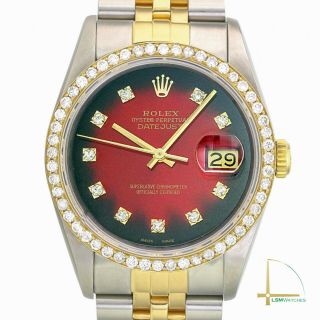 Rolex Datejust Mens 36mm Gold & Ss Red Vignette Diamond Dial And Bezel Watch