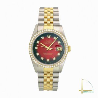 Rolex Datejust Mens 36mm Gold & SS Red Vignette Diamond Dial and Bezel Watch 2