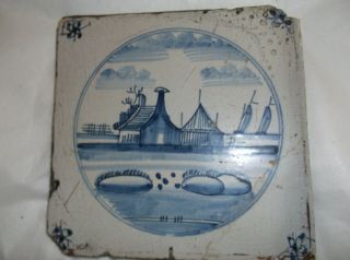 Antique Blue And White Dutch Delft Tile Houses/ships/hand Painted 18th Century?