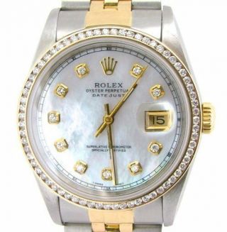 Mens Rolex Datejust 18k Gold And Steel Watch Mop Diamond Dial 1.  3ct Bezel 16233