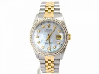 Mens Rolex Datejust 18k Gold and Steel Watch MOP Diamond Dial 1.  3ct Bezel 16233 2